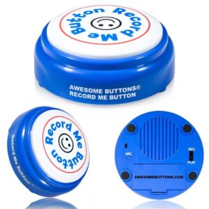 Blue Record Me Button collage – top, side, angled and bottom views with mic & speaker