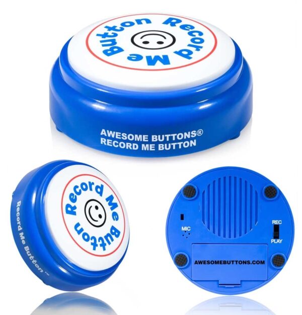 Blue Record Me Button collage – top, side, angled and bottom views with mic & speaker