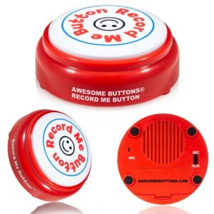 Racy Red Record Me Button collage – top, side, angled and bottom views with mic & speaker