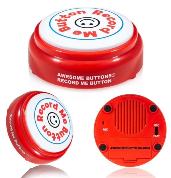 Racy Red Record Me Button collage – top, side, angled and bottom views with mic & speaker