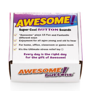 Awesome Button Sounds retail display box featuring 15 fun sound variations, novelty sound toy for home, office, classroom, and game room use.