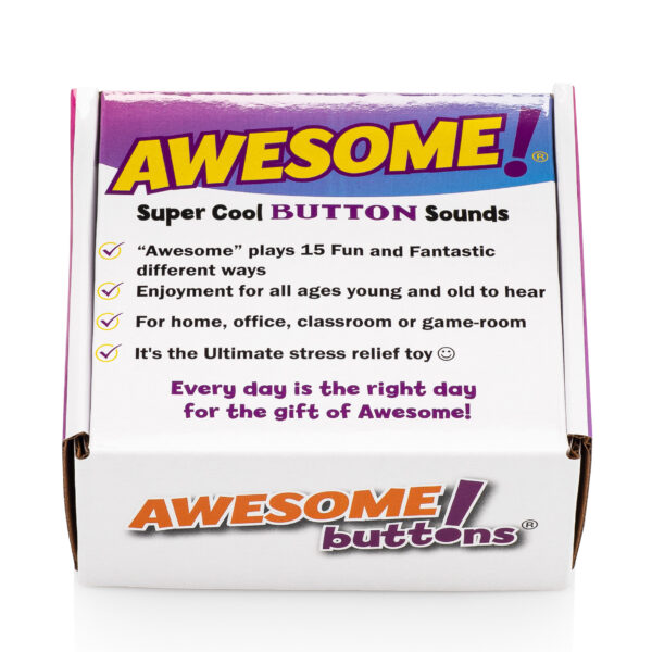 Awesome Button Sounds retail display box featuring 15 fun sound variations, novelty sound toy for home, office, classroom, and game room use.