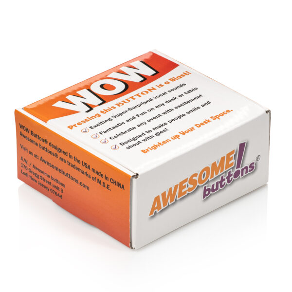 Angled side view of the WOW Button packaging box from Awesome Buttons showing product features, branding, and manufacturer information.