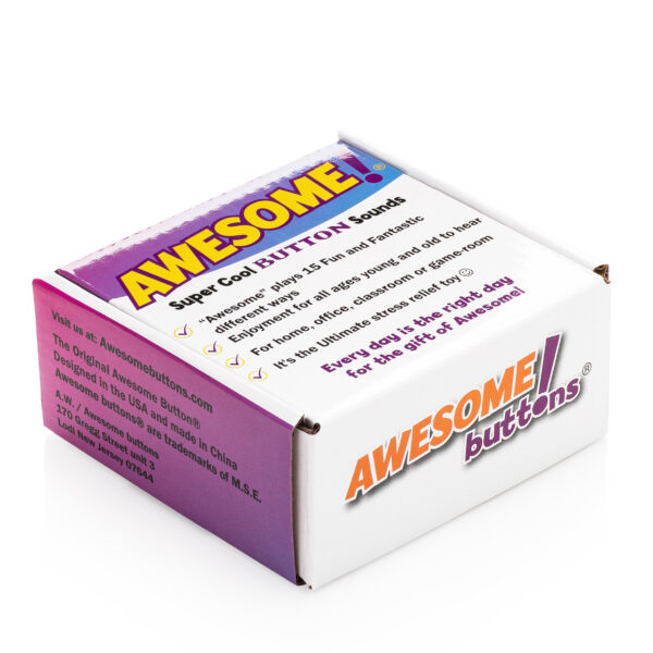 Angled side view of the Awesome Button Sounds retail display box showcasing product branding, features, and novelty sound button packaging.