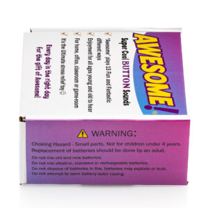 Side view of the Awesome Button Sounds display box showing product features, usage benefits, and battery safety warning information.