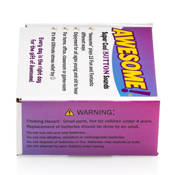Side view of the Awesome Button Sounds display box showing product features, usage benefits, and battery safety warning information.