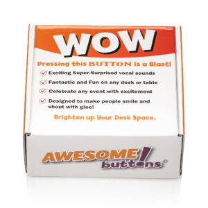 WOW Button product box packaging from Awesome Buttons featuring surprise sound effects and desk entertainment messaging.