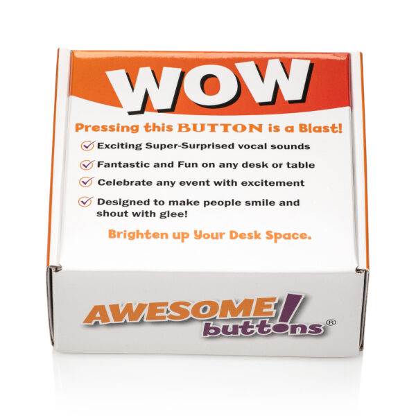 WOW Button product box packaging from Awesome Buttons featuring surprise sound effects and desk entertainment messaging.