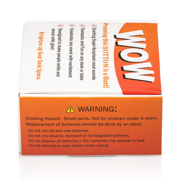 Side and top view of WOW Button packaging displaying safety warnings, battery instructions, and product feature information on the retail box.